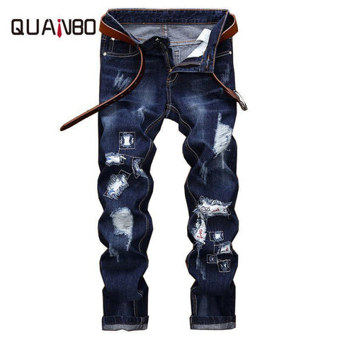 New Spring Fashion Hole Jeans Men Long Trousers Embroidered Cotton Classic Straight Jeans Plus size Blue Chittili