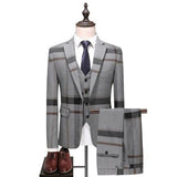 Men's Wedding Plaid Blue Gray Blazers Jacket Pants Vest 3 Pcs Set  202 Slim Fit Business Tuxedo Dress Classic Formal Suits Coat Chittili