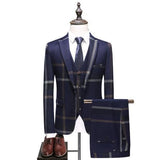 Men's Wedding Plaid Blue Gray Blazers Jacket Pants Vest 3 Pcs Set  202 Slim Fit Business Tuxedo Dress Classic Formal Suits Coat Chittili