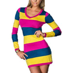 Singwing Women Long-sleeved striped Dresses V-neck Casual Style Sheath Dress Autumn Female's Dresses Chittili