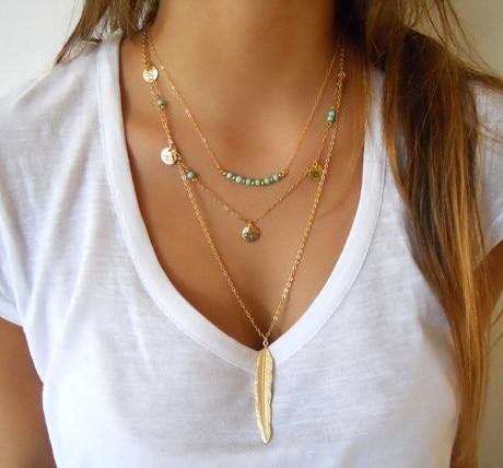 Hot Fashion Gold Color Multilayer Coin Tassels Lariat Bar Necklaces Beads Choker Feather Pendants Necklaces For Women Bijoux Chittili