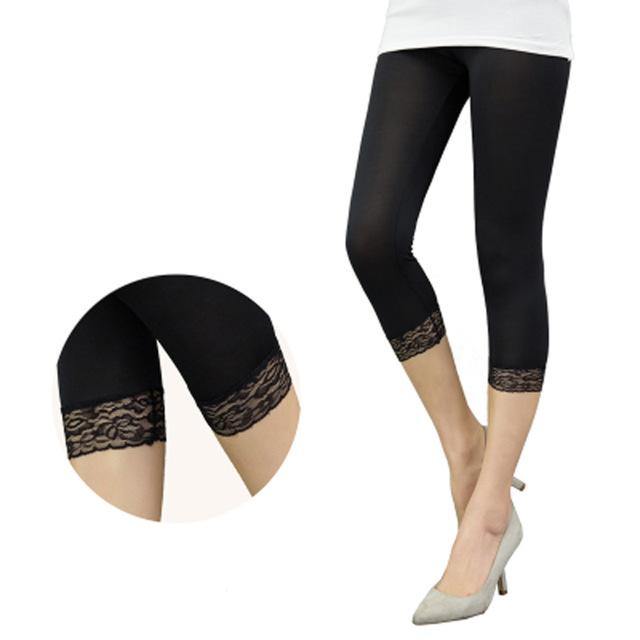 Women Elastic Lace Leggings Summer thin three quarter Pants bodycon  jeggings big size Cropped Short Trousers Black White